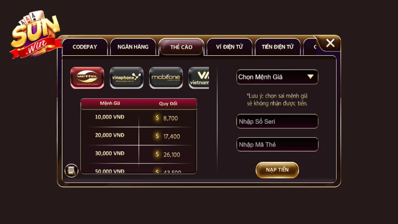 Nạp tiền bằng thẻ cào điện thoại tại Sunwin