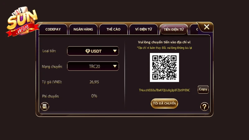 Nạp tiền SunWin bằng tiền điện tử USDT